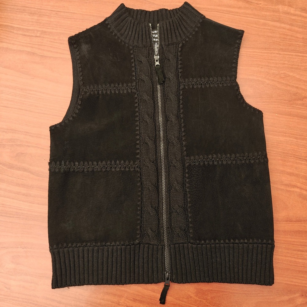 VTG Patchwork Suede Genuine Leather Double Zip Sweater Knit Vest Women's Small‎